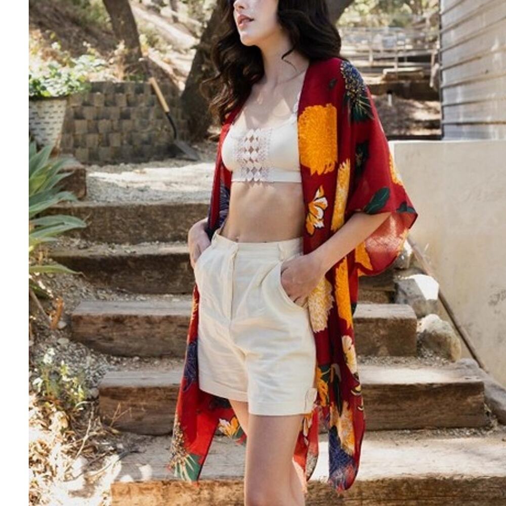 Floral Motif Boho Festival Cover Up Kimono Crimson